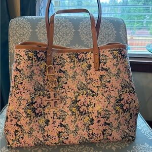 Tory Burch Pink Floral Canvas Tote with Tan Leather Handles and Gold Charm